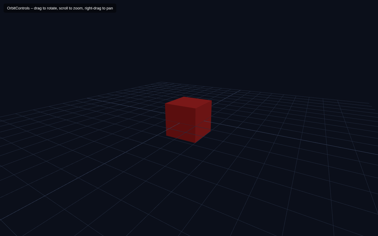 A box with orbit controls and a grid