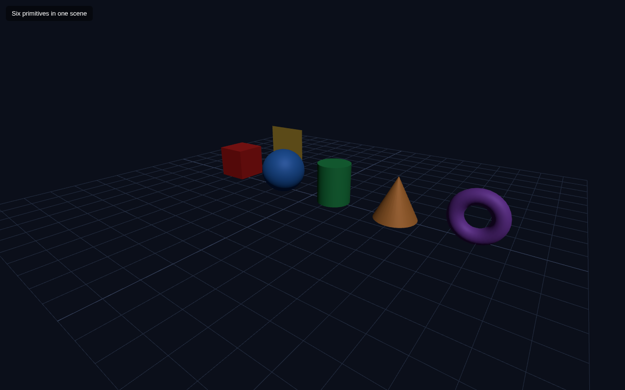 Six primitive shapes in a Three.js scene